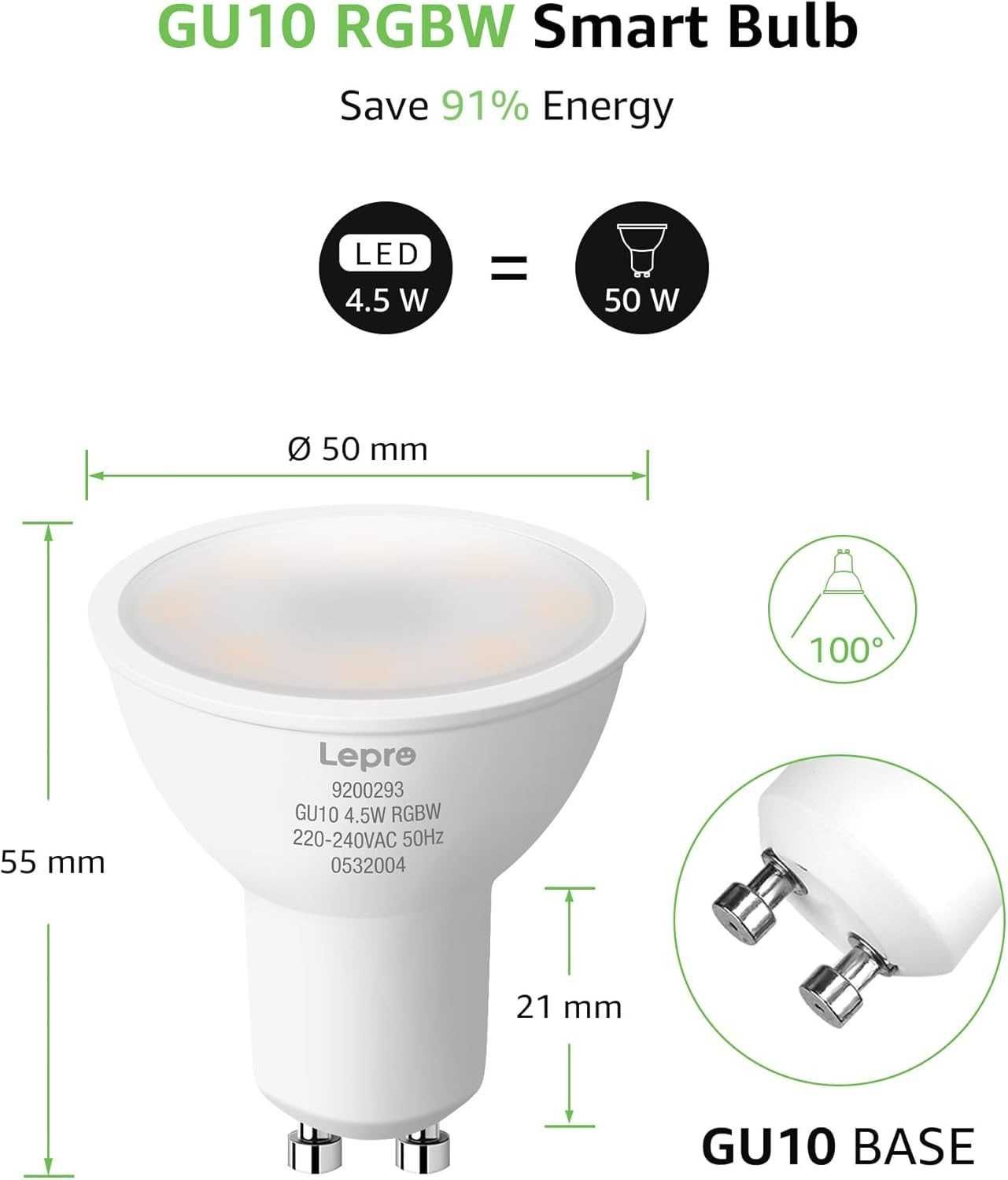 Комплект от 4 броя Смарт WiFi LED крушки Lepro GU10 RGB + Топло  2700K