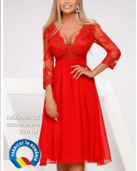 Rochie roșie cu dantelă cu mânecă lungă atmosphere fashion mărimea 36