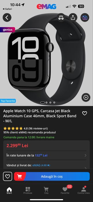Apple Watch 10 GPS, Carcasa Jet Black Aluminium Case 46mm