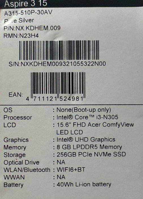 Acer Aspire3 Core i3-13 avlod 8GB/256GB 15.6 Muddatli to'lovga