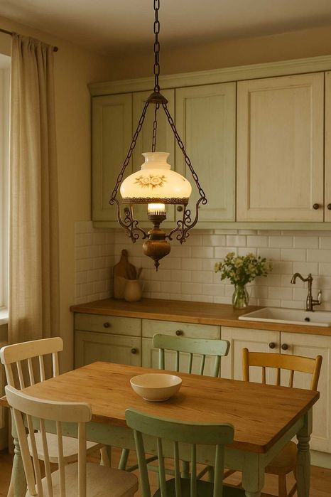 Винтидж висяща лампа с цветен абажур и метална орнаментика