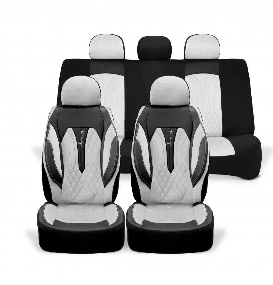 Huse scaune auto,material textil crem si piele ecologica neagra