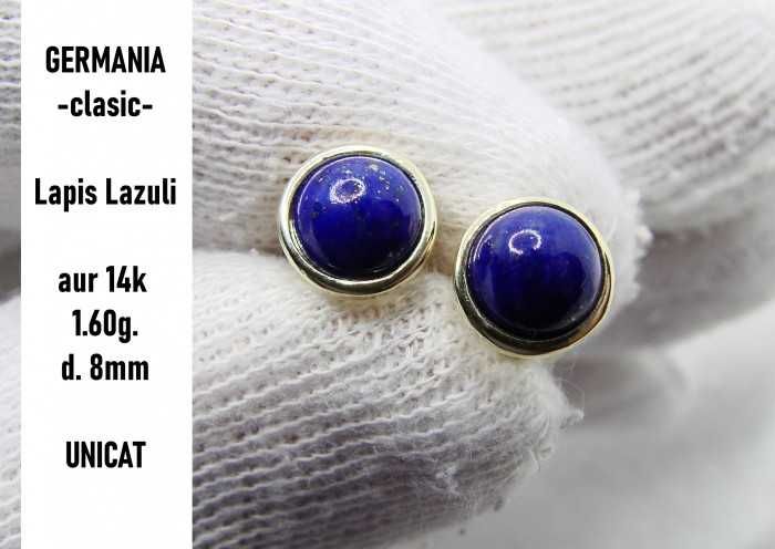 Cercei Aur 14K Cu Lapis Lazuli Germania Bezel Button Style