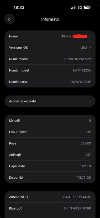 Vând iPhone 16 Pro Max Black Titanium 1TB, în garanție