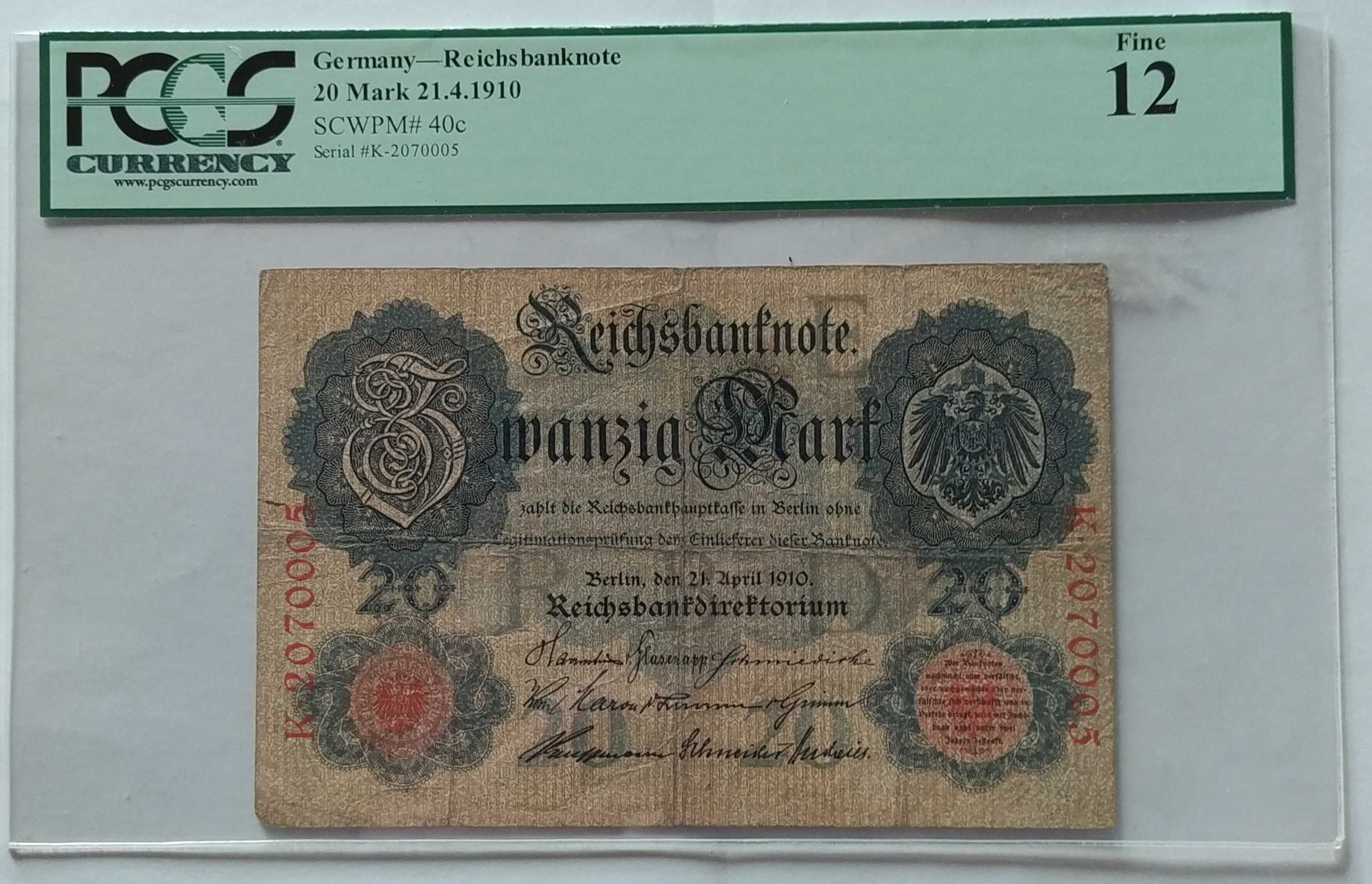 PCGS 12 - Германия, 20 марки 21.4.1910 г. (с интересен номер)