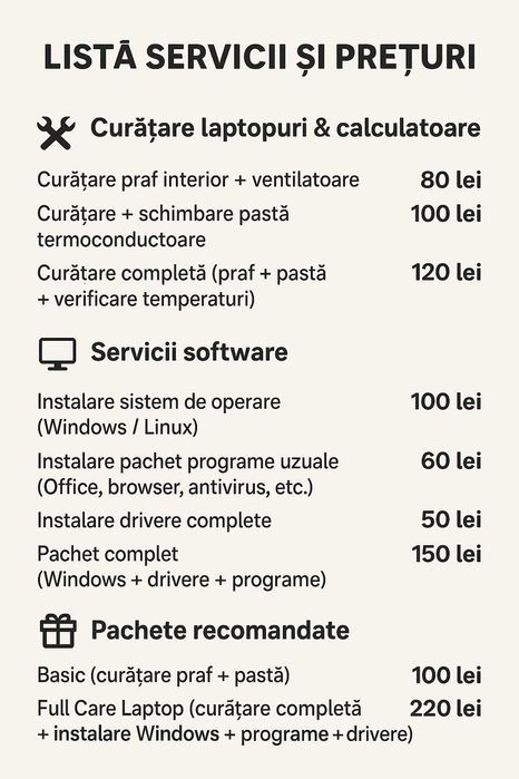 Curățare Laptop + Instalare Programe