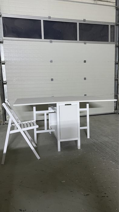 masa + 4 sau 6 scaune pliante lemn - ALB