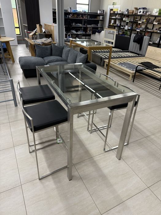 Set masă de bar din oțel inoxidabil cu 4 scaune incluse