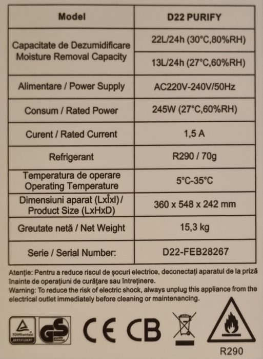 Dezumidificator si purificator cu consum redus de energie AlecoAir D22