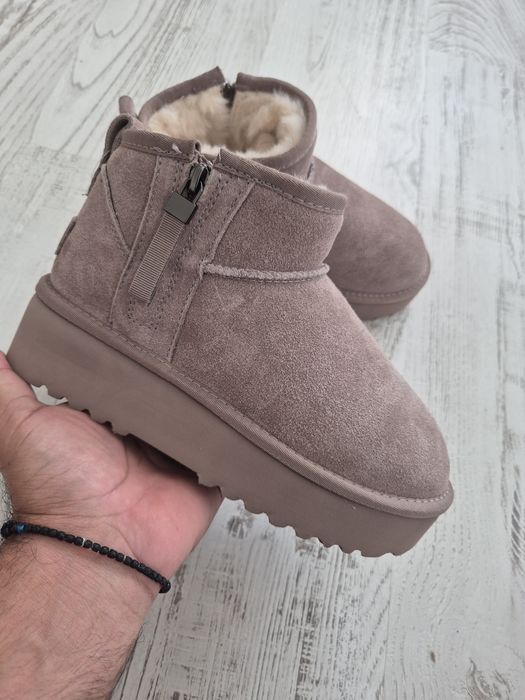 Cizme UGG mini bej cu fermoar/ botine piele naturala