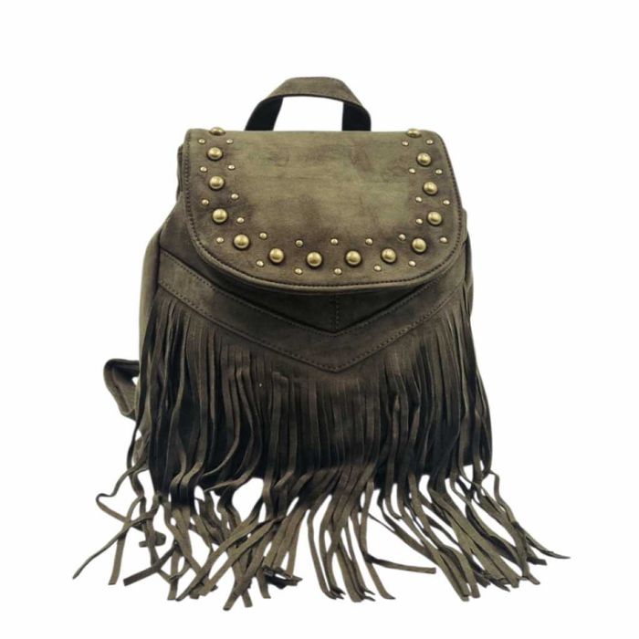 Велурена дамска раница с ресни и метални нитове