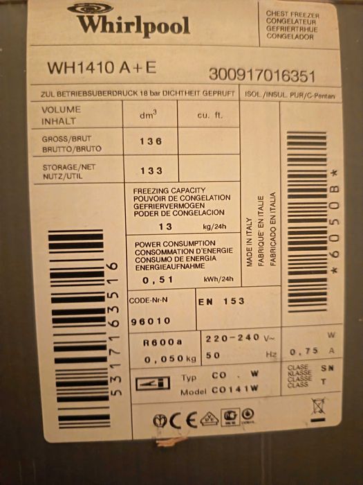 Lada frigorifica WHIRPOOL WH1410 A+E