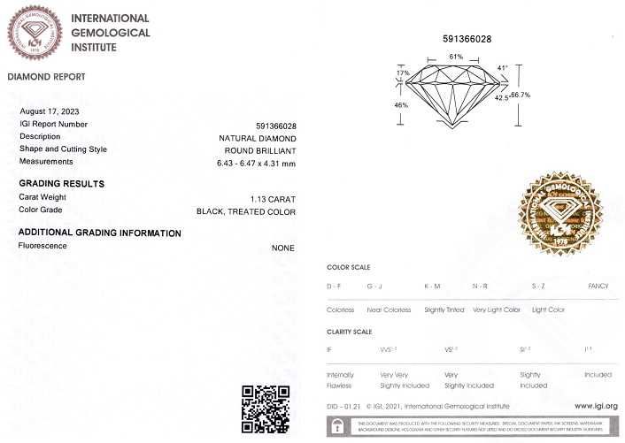Diamant natural 1,13 ct., negru, certificare IGI - cod 10422