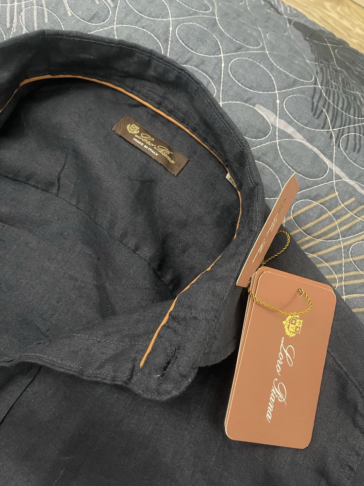 Льновая Рубашка Loro piana, темно синяя.