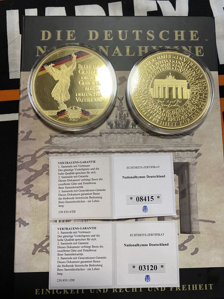 Lot de 2 monede colectie, mari 110 gr.,vechi 1991, germane placate aur