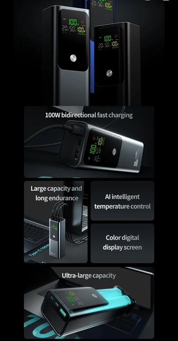 18000mAh, Power Bank 100W с быстрой зарядкой, 3 порта