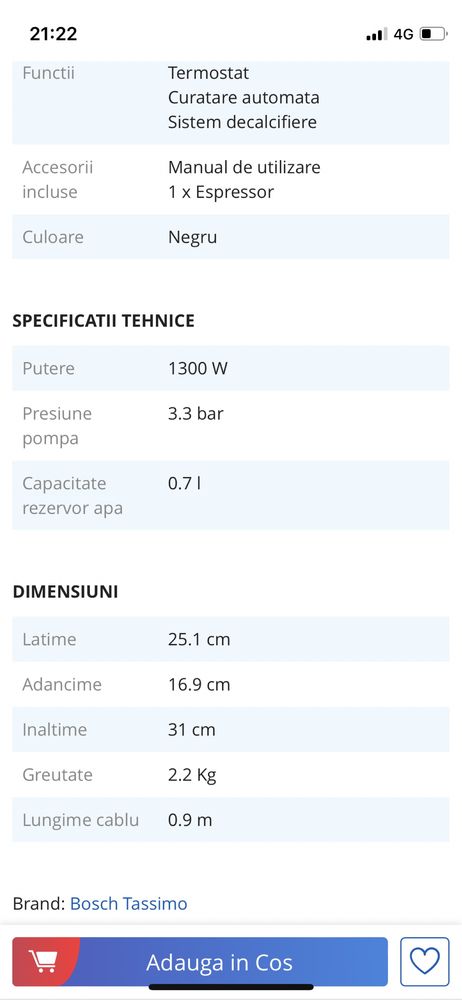 Vand Espressor Bosch Tassimo Vivy II TAS1402, 1300w, 3.3 bar, 0.7l , a