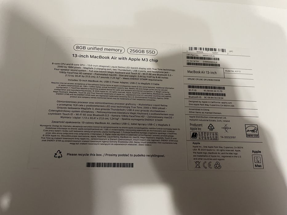 Гаранция - MacBook Air - m3 - 13inch - 8GB - 256GB -