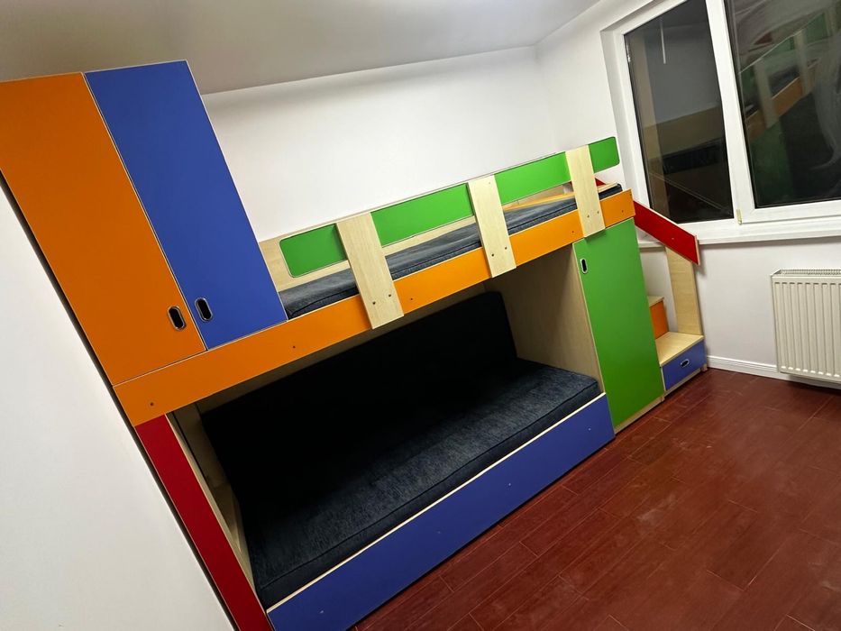 Pat MASIV pentru copii supraetajat cu sertare si sifoniere