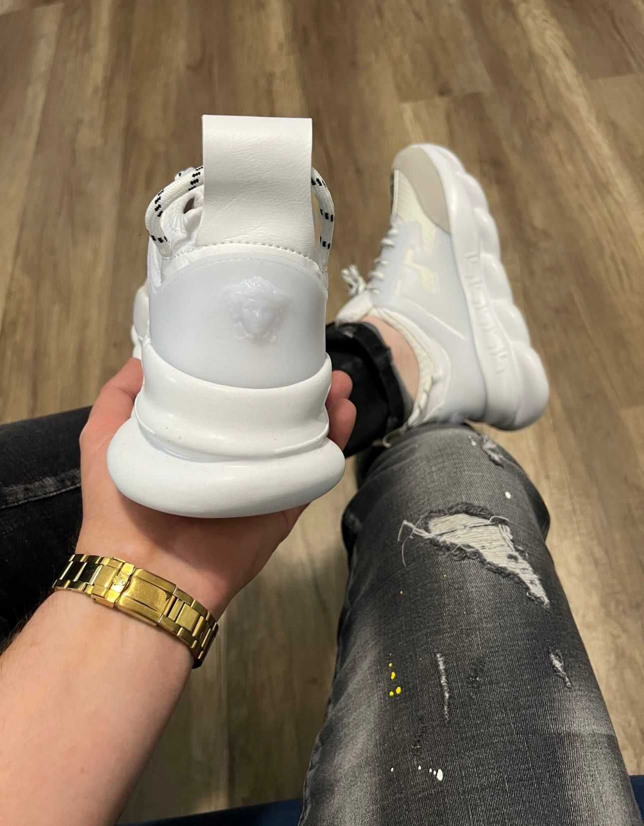 Adidasi Versace albi Chain Reaction full white dama si barbati