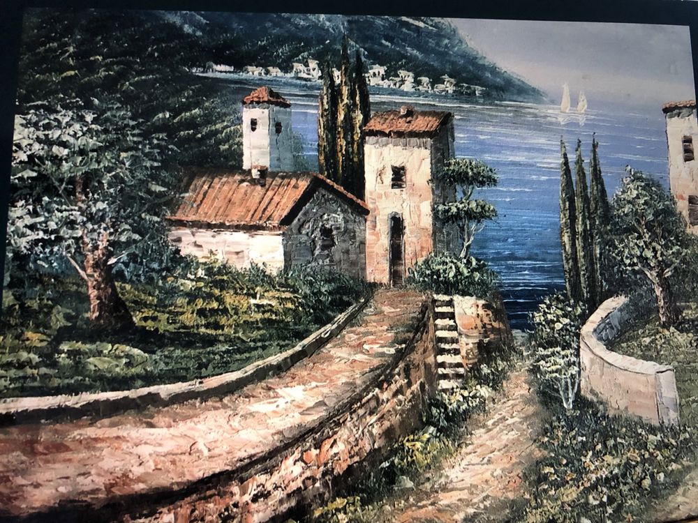 Tablou,pictura italiana in ulei pe panza,peisaj marin toscan