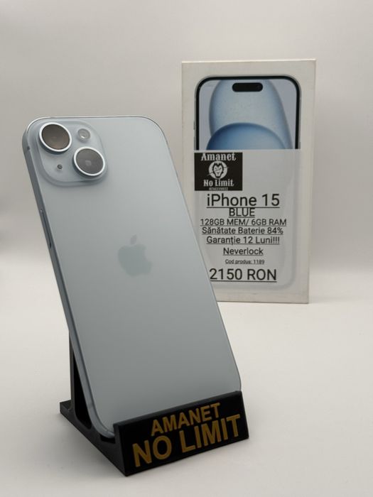 iPhone 15 Blue 128GB Baterie 84% Garantie 12 Luni , AMANET NO LIMIT.