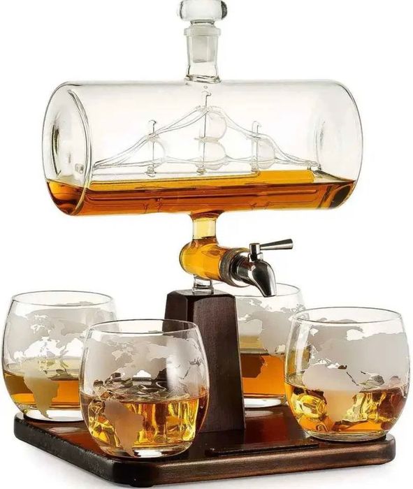 Комплект бутилка за алкохол с 4 чаши буре диспенсър уиски подарък мъж