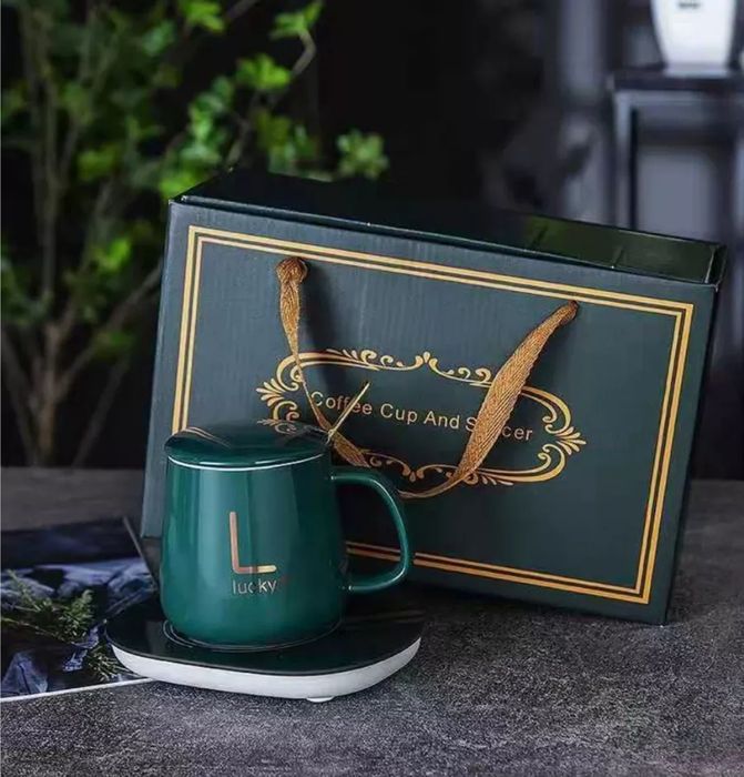 Кружка керамическая с подогревом и подставкой подарочная