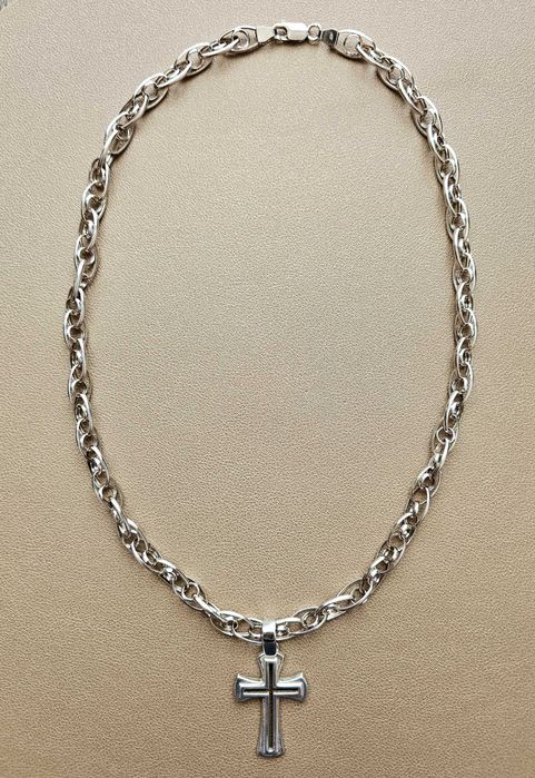 Сребърен мъжки ланец с висулка – кръст (925)