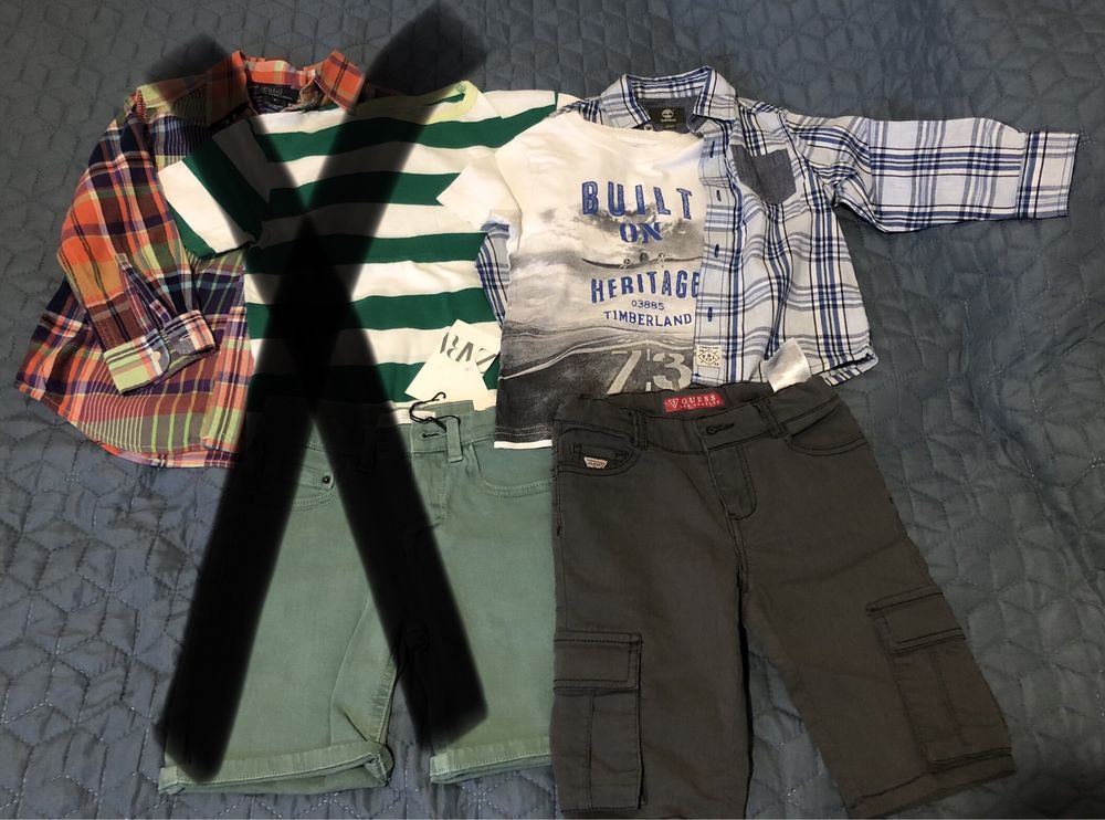 Set tricou + cămașă Timberland + pantaloni scurti Guess 4 ani 104 ,