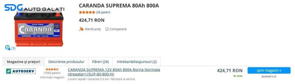 Baterie Acumulator Auto 80AH 800A Caranda Suprema 80AH 800A Volkswagen Audi Seat Skoda Ford Opel Toyota BMW Mercedes Renault Peugeot Dacia [B4572]