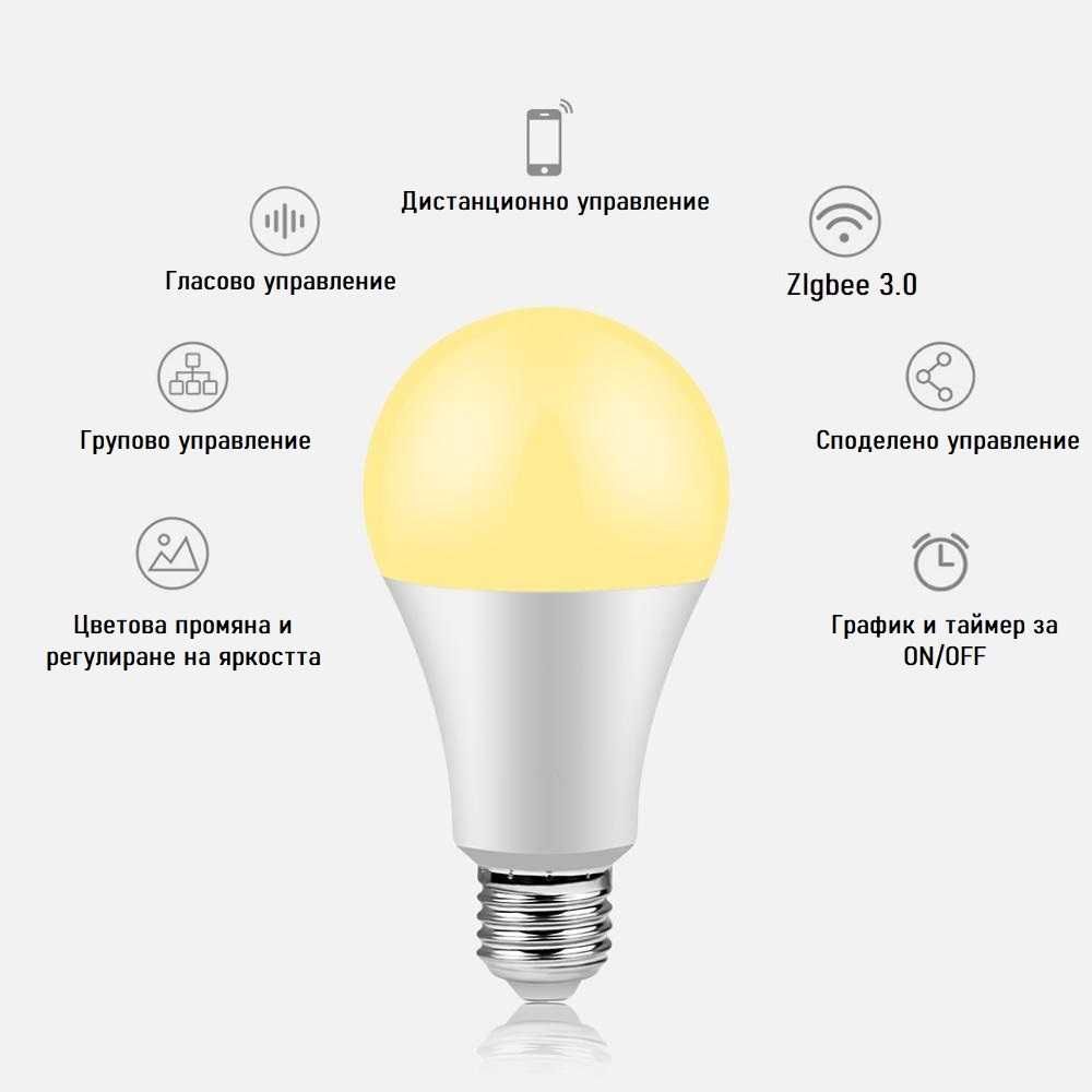 Tuya Смарт Zigbee LED Цветна Крушка 10W | RGBCW | E27 | SPARKLEIOT