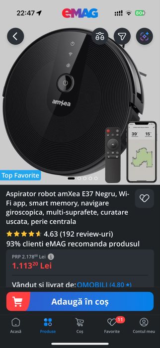 Aspirator robot AmXea E37 Negru,Wi-Fi,giroscopic,multi-suprafe