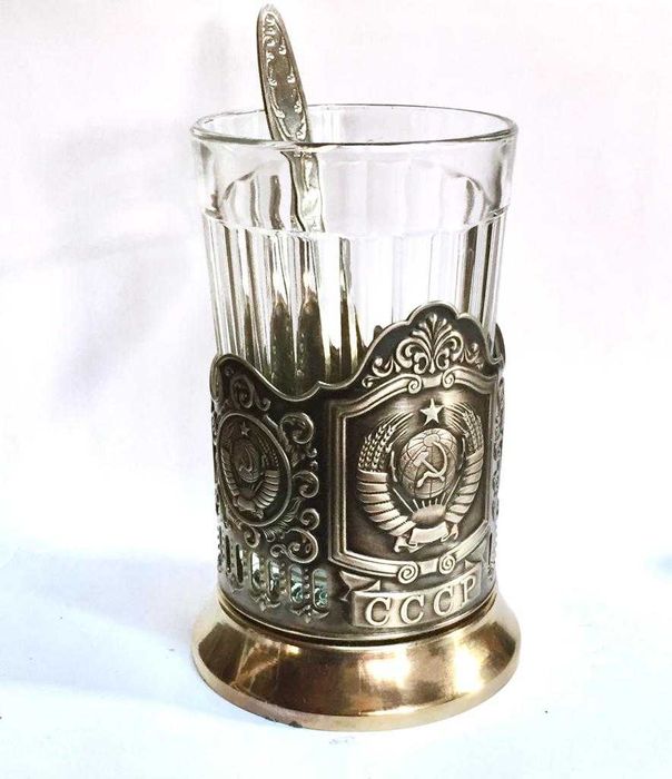 Подстаканник Герб СССР плюс стакан и ложечка посеребряная