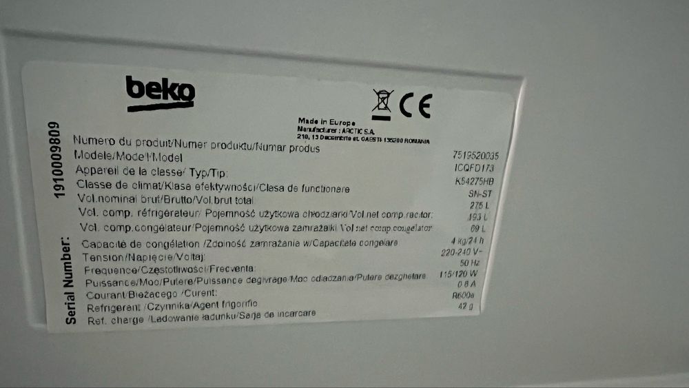 Combina frigorifica încorporabila, Beko, No frost, 275 litri, 177 cm