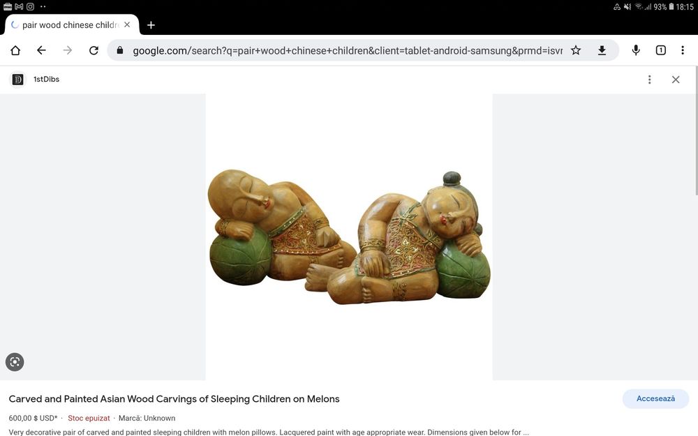 Pereche de sculpturi lemn, copii asiatici dormind pe pepeni