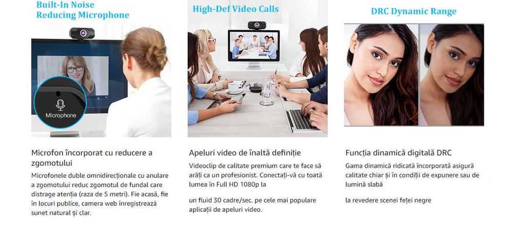 Cameră Web 1080P corecție la lumină scăzută focalizare fixă microfon