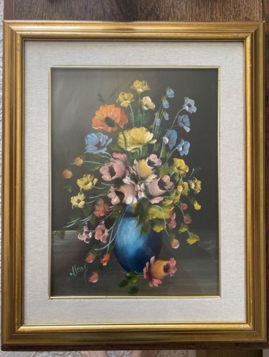 Tablou pictura ulei pe placaj buchet flori colorate (semnat)
