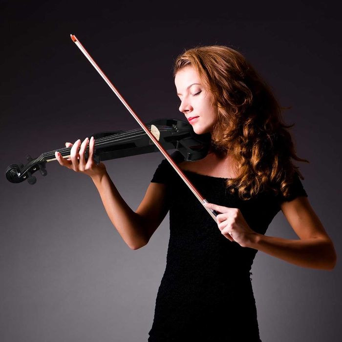 LALAHO Електрическа цигулка в пълен размер, абаносови фитинги, черна