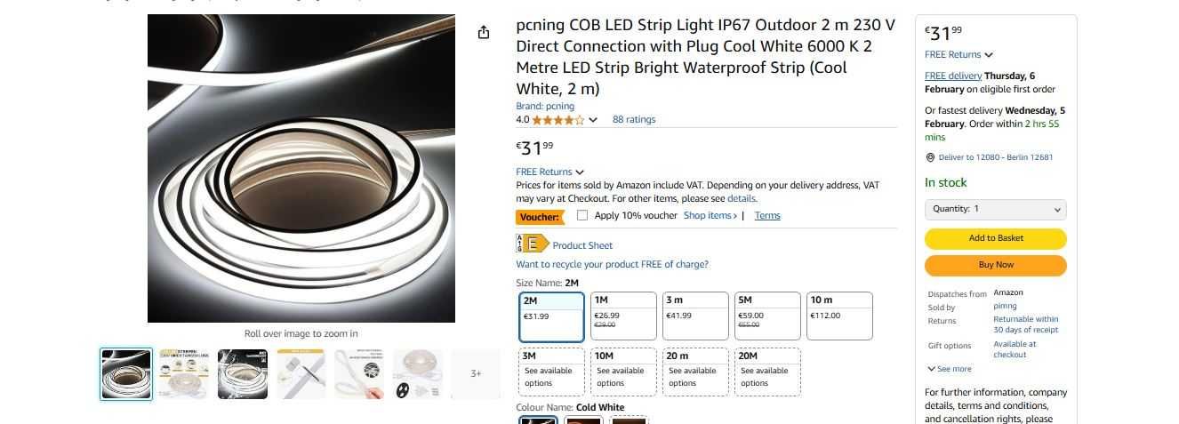НОВО! COB LED лента, водоустойчива, 1м, 2м, 3м