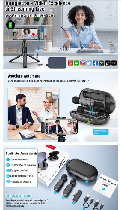 Set 2 microfoane tip lavaliera wireless pentru iPhone, 3 moduri limita