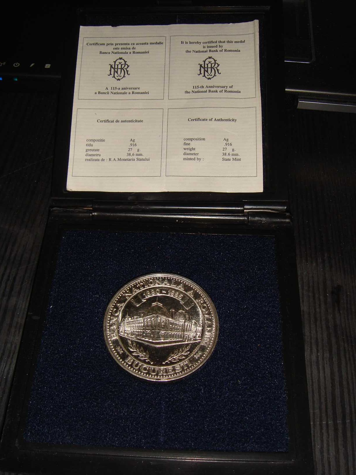 Medalie argint A 115-a aniversare a BNR 1880-1995 Monetăria Statului