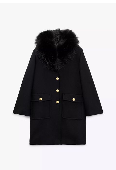 Palton cu lână și guler cu efect de blană