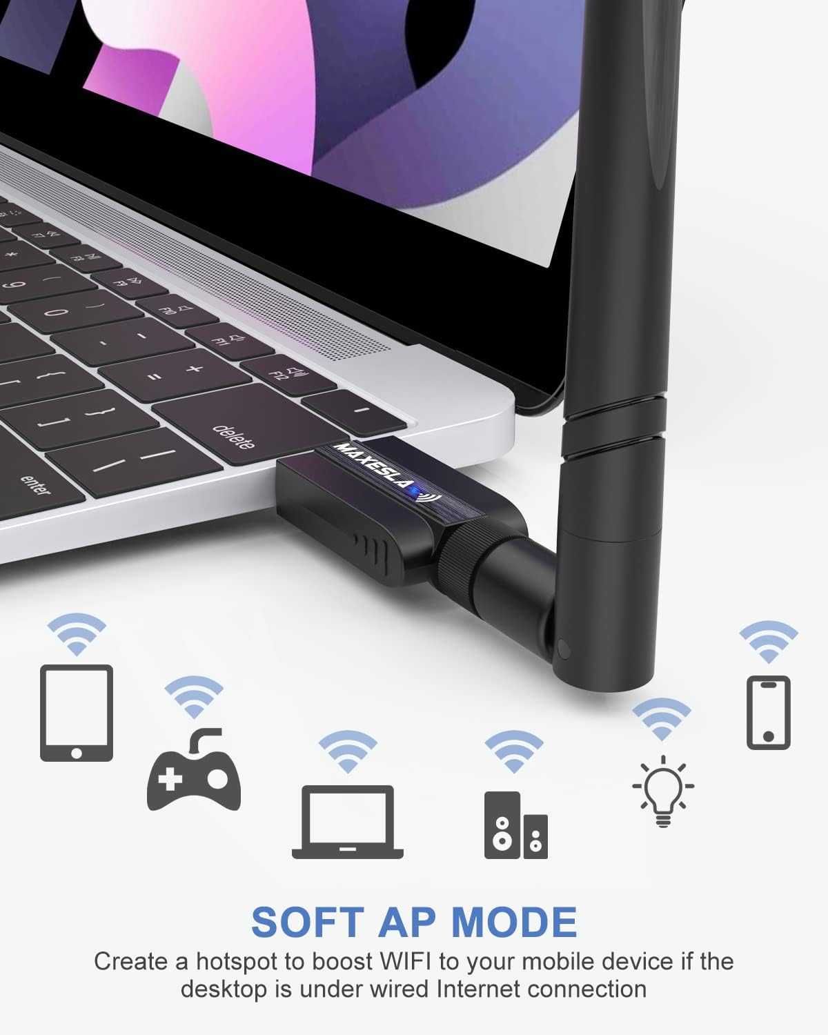 Maxesla USB Wifi Dongle за компютър, високоскоростен 1200Mbps