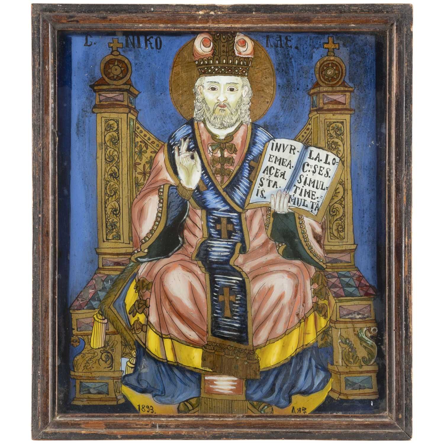 Icoană pe glajă „Sf. Nicolae pe tron”, zugrav Pavel Zamfir, Laz, 1893