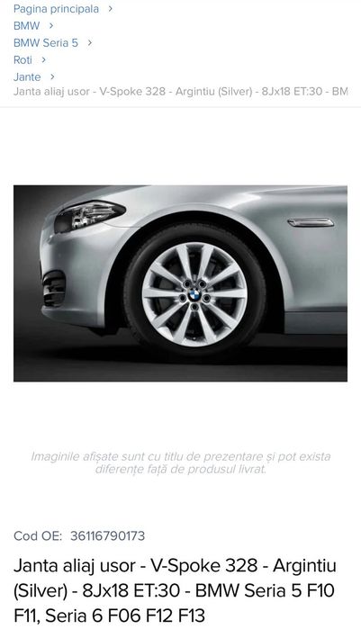Vând jantă roată completă cu anvelopă 245 45 R18 style 328 R18 originală BMW Janta aliaj usor - V-Spoke 328 - Argintiu (Silver) - 8Jx18 ET:30 - BMW Seria 5 F10 F11, Seria 6 F06 F12 F13
