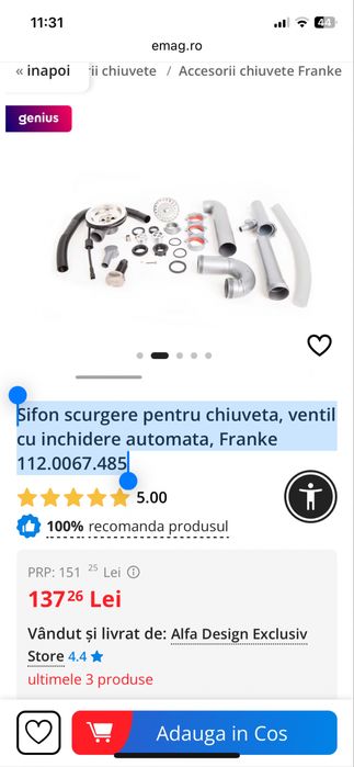Franke 112.0067.485 sigon scurgere pentru chiuvete
