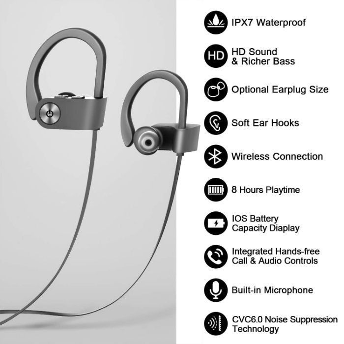 Căști Bluetoot Wireless Sport HD stereo IPX5, 8 ore, android + apple