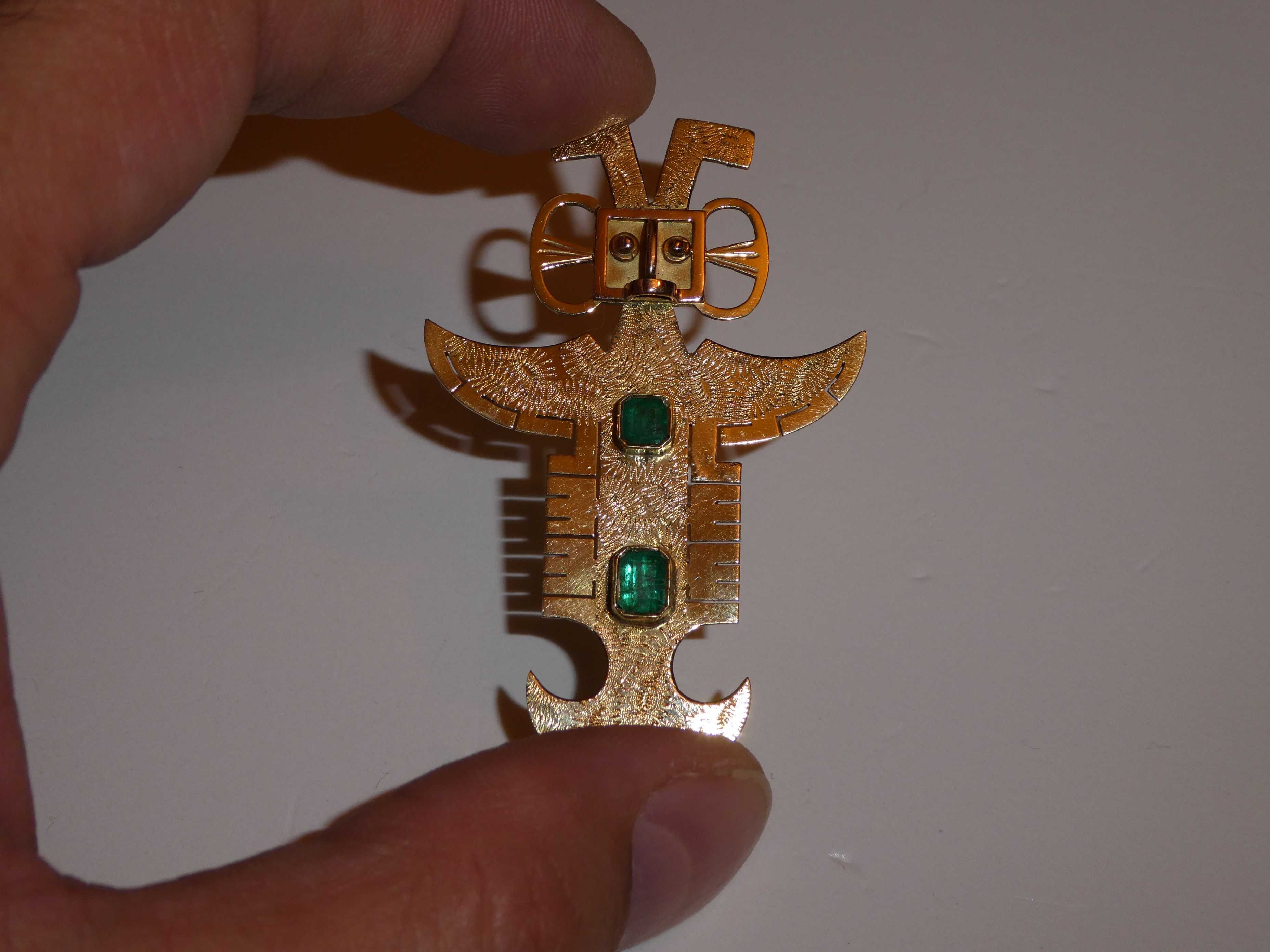 BROSA/PANDANTIV AUR 18K +2 Smaralde - Simbol/Zeu - Aztec/Mayan - 10g.!