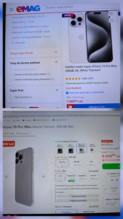 Iphone 15 Pro Max, 256 Gb,Impecabil !!,bat.orig.87%,cutia orig+bonus !